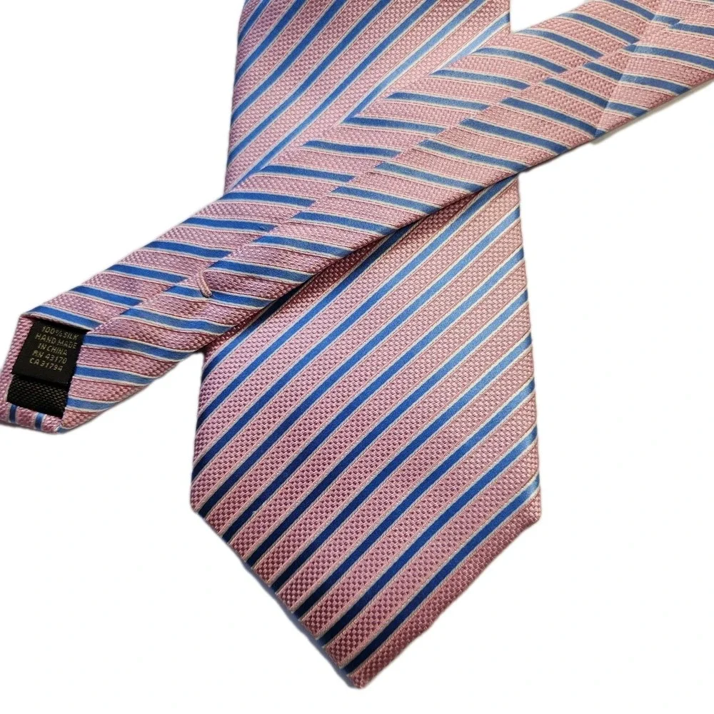 Tasso Elba 100% Silk Striped Repp Tie Hand‎ Made Pink Blue Stripes Mens Necktie